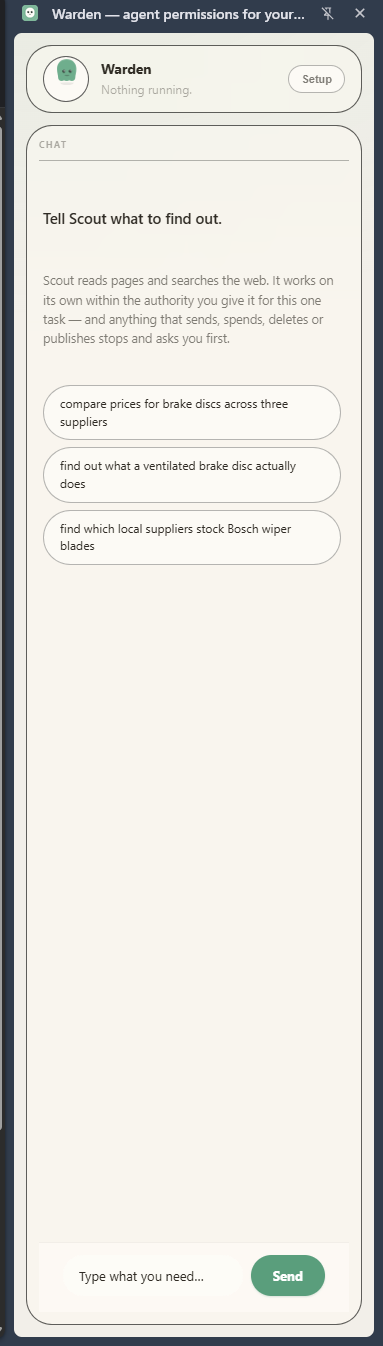 Current Warden browser side panel in its warm, outlined interface